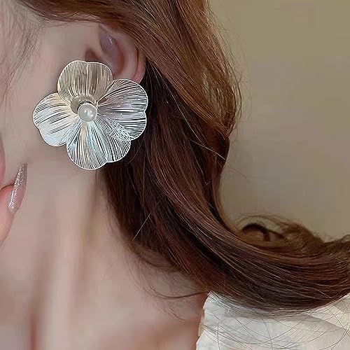 White Flower Statement Earrings Boho Stud Large Metal Pearl Earrings Layered Petal Personalized Earrings Handmade Summer Beach Jewelry3