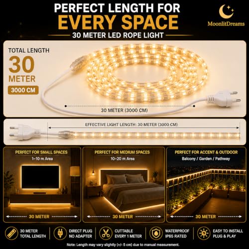 Image of MoonlitDreams LED Strip Light, 30 Meter 5730 SMD Warm White Decorative Light for Home, Ceiling, Bedroom & Festival Decoration