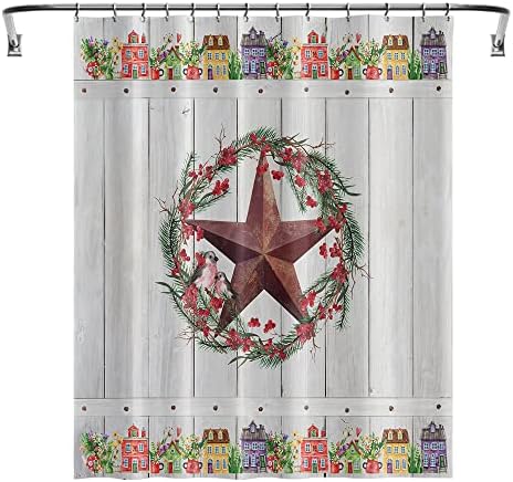 YUYASM Primitive Shower Curtain Fabric Rustic Western Texas Star Country Farmhouse Wooden Plank Barn Decor Bathroom Bath Curtains with Plastic Hooks 70x70 Inch