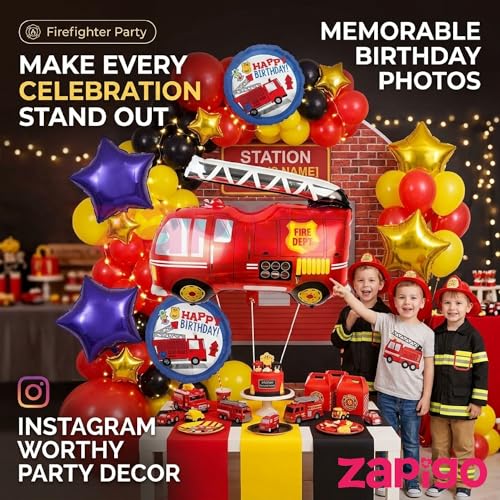 Image of Balloonistics Fire Truck Theme Birthday Balloon Bouquet | Firefighter Birthday Party Decoration | Fire Engine Party Balloon Set for Kids | Pack of 5
