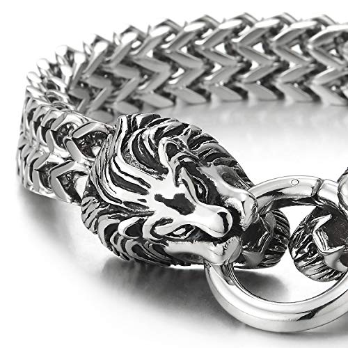 COOLSTEELANDBEYOND Vintage Biker Mens Steel King Lion Head Franco Box Link Chain Bracelet Spring Ring Clasp2