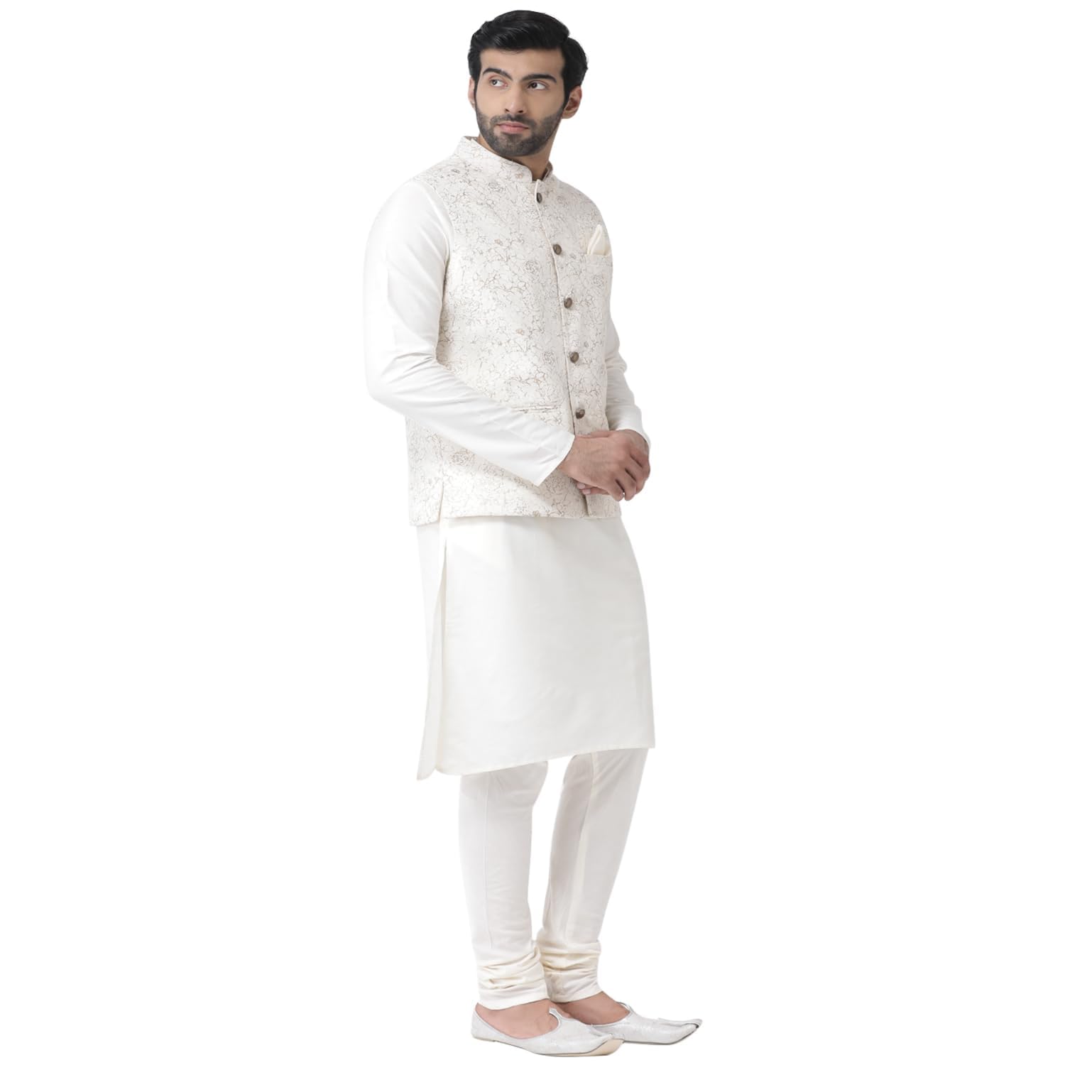 Kisah Men White Kurta With Churidar, Full Sleaves, Knee Length, Straight, Regular Fit, Mandarin Collar Ethnic Wear