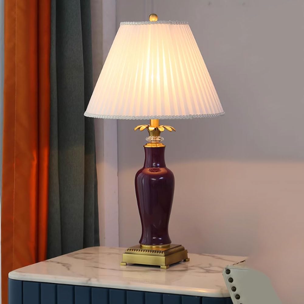 SGKOMN 25.6" Ceramic European Table Lamp Traditional Bedside Desk Nightstand Lamp Purple/Blue/Brown Desk Decor Lamps For Bedroom Living Room Office Bookcase-A