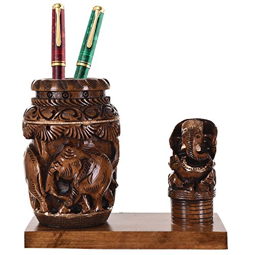 Image of Craft Trade Wooden Pen Stand - Decorative Elephant Engrave Pencil Holder with Ganesha Statue Show Piece Office Decor Desk Organizer Aesthetic Accessories