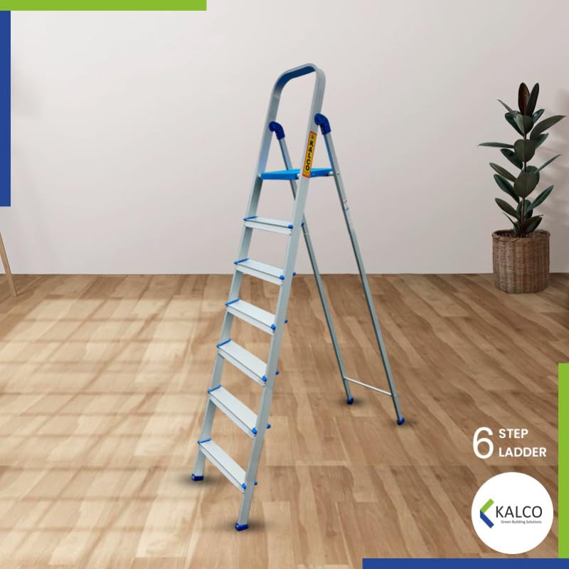 Image of Kalco 6 Step Aluminium Ladder, Foldable and Flat Steps, Top Handle and Top Plastic Plate (Model: K-7026 in Lite)