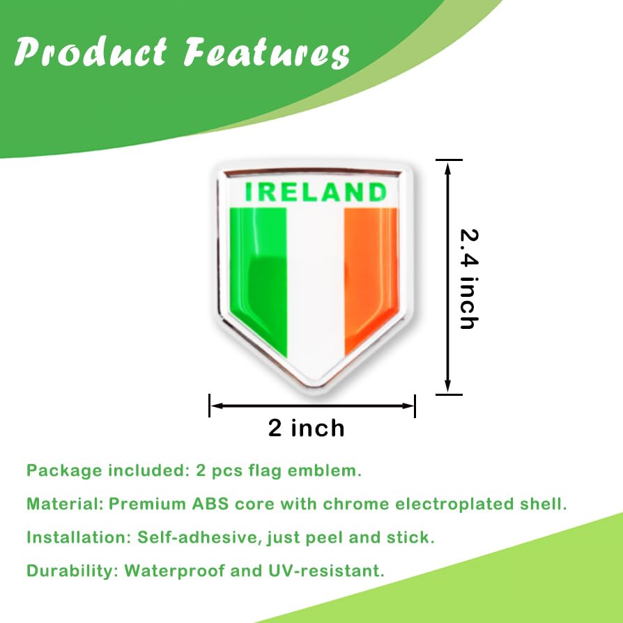 Image of Newperlite Ireland Flag Decal Sticker Car Emblem Irish Flag Car Decoration Accessories Chrome Shield for Truck Vehicles Cars, 2 Pack