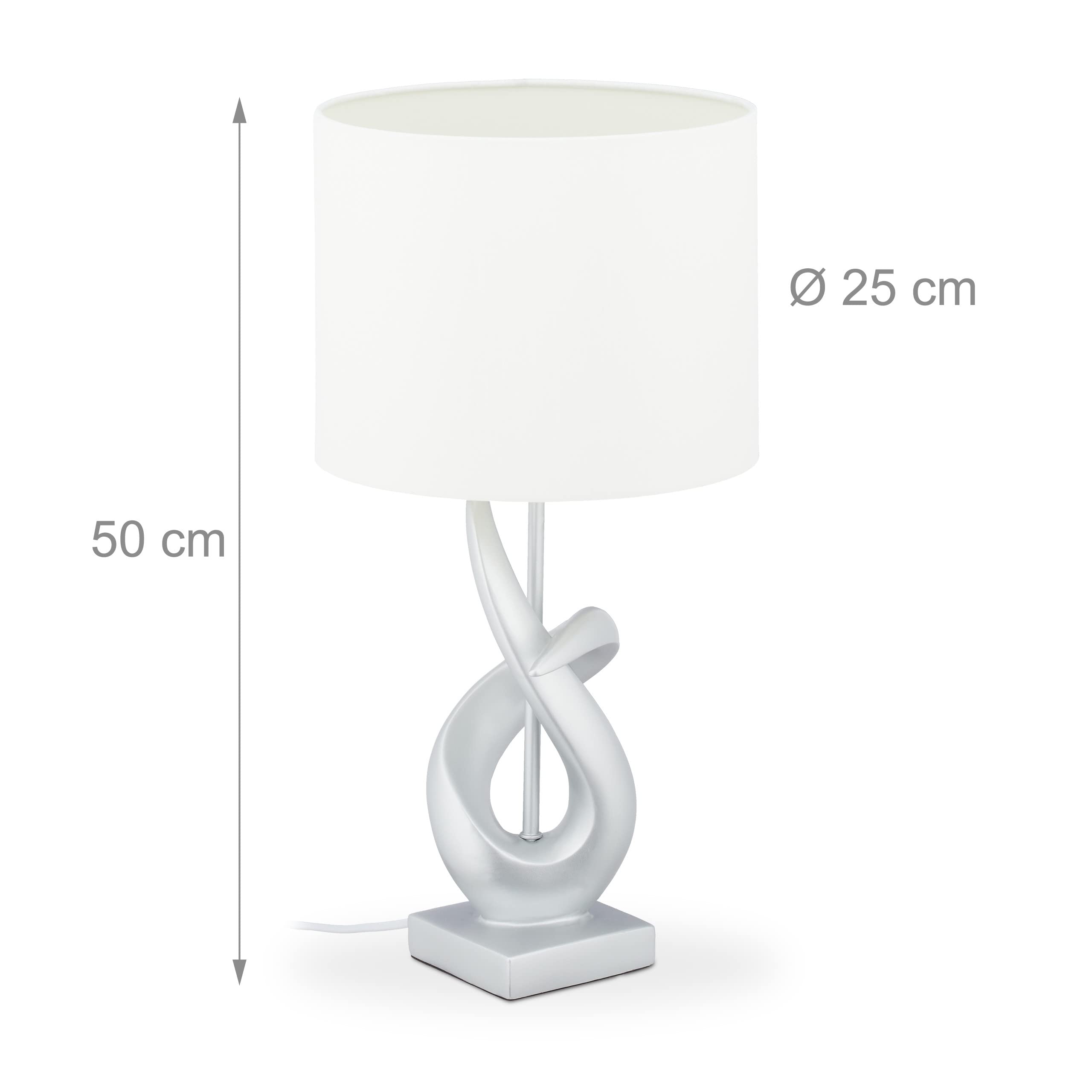 Relaxdays Lampada da Tavolo, Moderna, Design Elegante, Paralume in Stoffa, E27, Decorazione, 50 x 25 cm, Argento/bianco