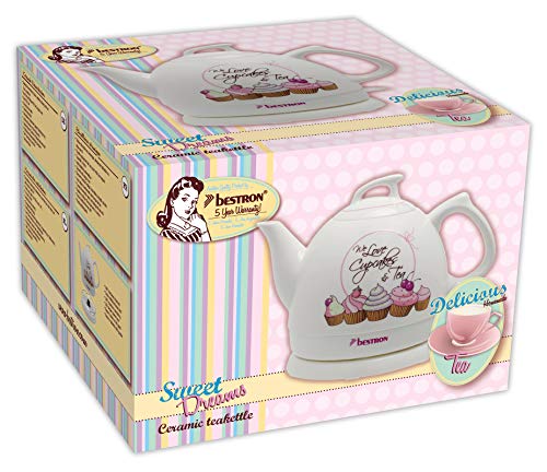 Bestron Sweet Dreams Tetera Hervidora de Agua, Diseño Retro, 1800 W, 0.8 litros, Cerámica, Blanco - Imagen 5