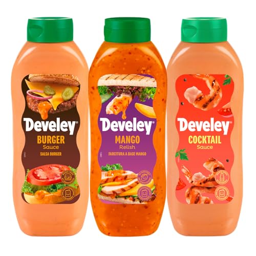 Develey – Saucen-Set 3x875 ml Squeeze-Flaschen im Bundle – Bundle bestehend aus Burger, Mango & Cocktail Sauce - Perfekt für viele Gerichte als Topping oder Dip