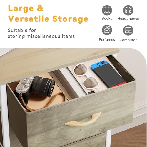 DWVO Dresser with 4 Drawers - Fabric Storage Tower, Organizer Unit for Bedroom, Hallway, Hallway, Closets - Sturdy Steel Frame, Wooden Top & Easy Pull Fabric Bins