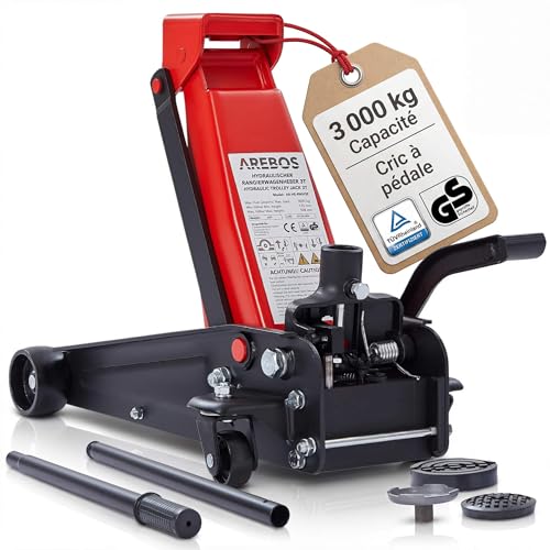 Arebos 3T Cric hydraulique de manœuvre avec pédale intégrée | Hauteur d'encastrement 130-508 mm | 2 Supports en Caoutchouc | Jack roulettes 360° |...