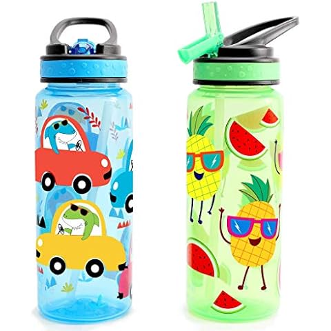 Home Tune Kids Water Drinking Bottle (680ml) - BPA Free, Flip Straw Lid Cap, Lightweight, Carry Handle, Leak-Proof Water Bottle with Cute Design For Girls & Boys - 2 Pack Dinosaur & Fruit Cover