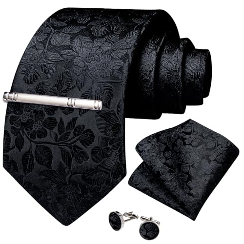 Image of DiBanGu Silk Floral Ties for Men Woven Paisley Necktie and Tie Clip Handkerchief Cufflinks Set for Party Wedding