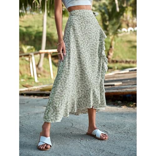 Boho Floral Maxi Skirt for Women, High Waisted Wrap Ruffle Hem Long Skirt Summer Beach Vacation Outfits4