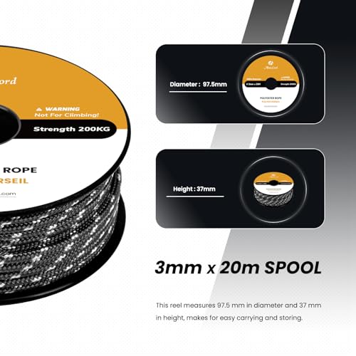 Abma Cord Polyester Cord 3mm x 20m Braid Polyester Rope, Black/White - Heavy Duty & Low Stretch - High UV & Abrasion Resistance - Image 2