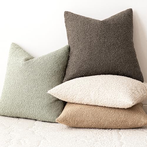 Image of Foindtower Set of 2, Decorative Textured Boucle Throw Pillow Covers Accent Solid Pillow Cases Neutral Soft Couch Cushion Case for Chair Sofa Bedroom Living Room Home Decor 24x24Inch Dirty Sage Green