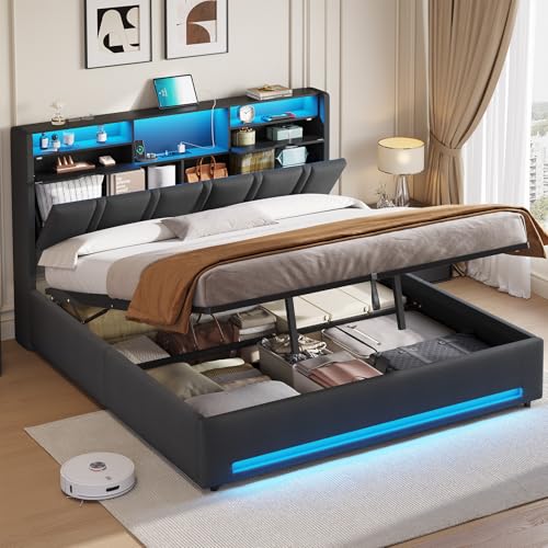 DICTAC Lit 180x200 Entièrement Rembourré avec Sommier LED et Station de Charge USB-C – Lit Coffre Hydraulique 30cm, Tête de lit avec Prises AC+USB, Cadre...