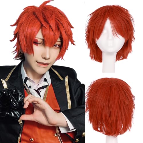 Image of S-noilite Unisex Short Anime Cosplay Hair Wig for Women Mens Short Fluffy Layered Pixie Wig Straight Synthetic Full Wigs for Halloween Comic-con Costume Party (Reddish Orange)