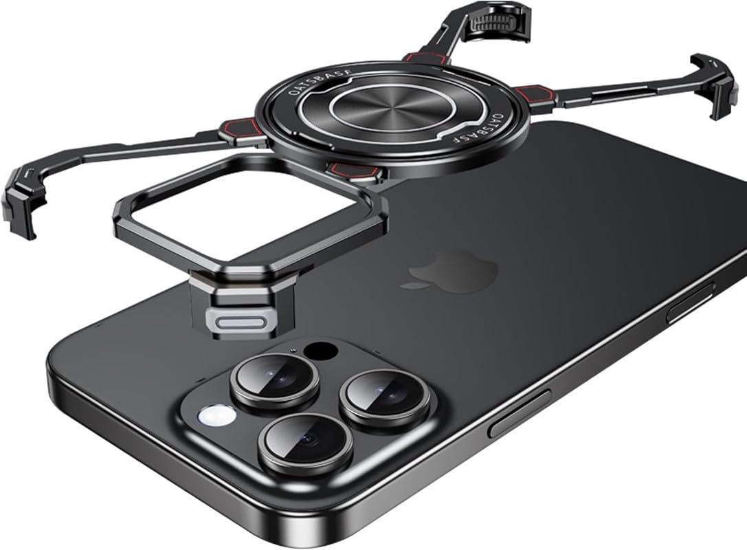 Frameless Metal with 360° Rotatable Ring Kickstand Compatible with iPhone 16 Pro Max | Luxury Aluminum Armor Case | Super Slim Premium Metal - Black-image-14