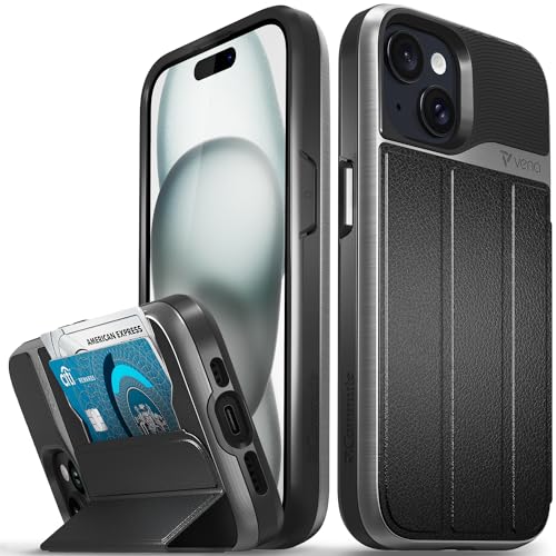 VENA vCommute - Funda Tipo Cartera Compatible con Apple iPhone 15 (6.1 Pulgadas), protección contra caídas de Grado Militar, Funda de Piel con Tapa y Ranura para Tarjetas con Soporte, Color Gris
