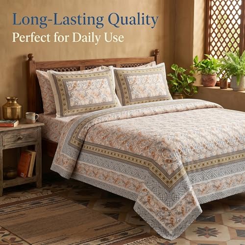 Image of Mafatlal Heritage 144 TC Cotton Double Bedsheet with 2 Pillow Covers | Designer Bedsheet Double Bed, Elegant Home Decor, Premium Look | 90 x 100 Inches | Satin Gold