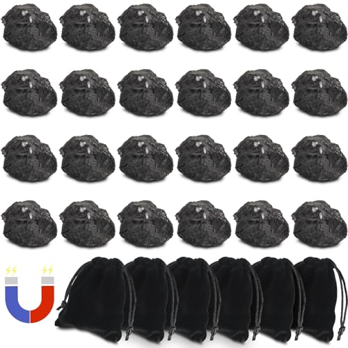Tellegloww 24 Pcs Magnetic Lodestones Mineral Specimens Natural Magnetic Rocks with 6 Black Velvet Storage Bags for Science Classrooms, Approximately 1