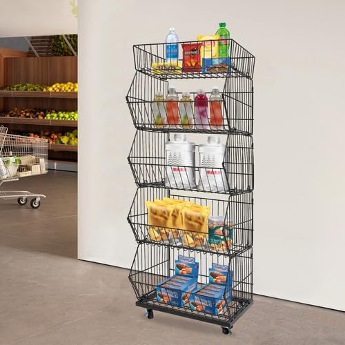 5 Tier Retail Display Rack, 44LBS Capacity Per Tier Slanted Basket Merchandise Rack with 4 Wheels, Metal Wire Display Shelf Cart for Store Home Kitchen