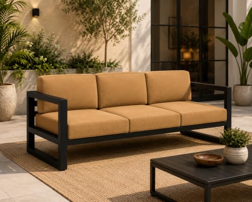 Image of Modern 3-Seater Sofa with Beige Cushions & Black Metal Frame Set Upon a Sturdy Black Metal Geometric Base Frame.