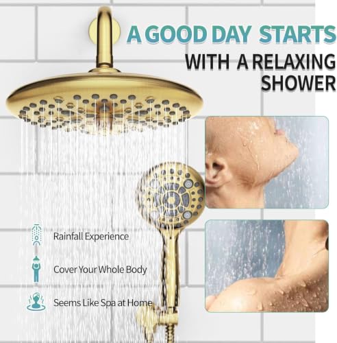 Image of SR SUN RISE Shower Faucet - 10 Inch Multifunctional High Pressure Shower Head System with Handheld Shower Head Fixtures - Valve Included - Brushed Gold