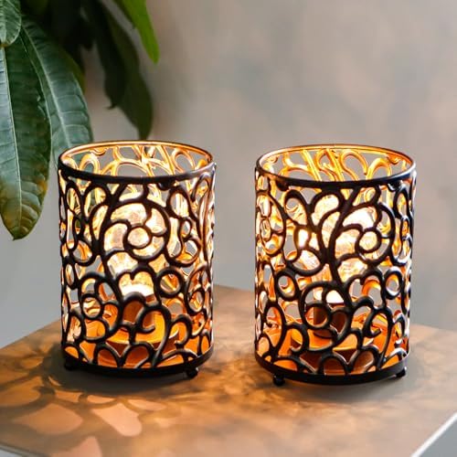 JHY DESIGN Set van 2 Metaal Hanglampen Batterij Aangedreven Decoratieve Tafel Lamp Glas 18 cm Hoog Draadloze LED Fairy Starry String Lights voor Bruiloften Feesten Slaapkamer (Gouden Blad