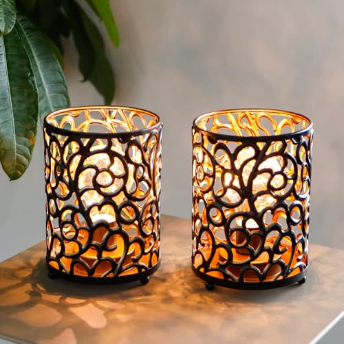 JHY DESIGN 2er Set Batteriebetriebene Lampe 16 cm Hoch mit 6-Stunden-Timer Metall Tischlampe Vintage Schnurlose Lampen LED-Batterielaterne Laterne Nachttischlampe für Deko Indoor Outdoor (Schwarz)