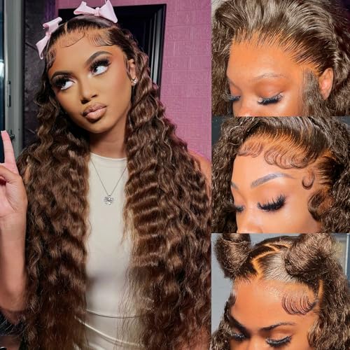 CITY GIRL Brown Lace Front Wigs Human Hair deep Wave 26 Inch 13x4 Hd Transparent Lace Frontal Chocolate Brown Human Hair Wig For Women Pre Plucked Natural Hairline 200 Density