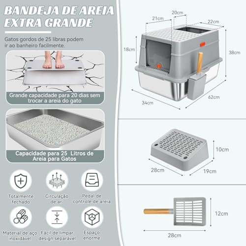 Reamfit Caixa de Areia para Gatos, 62*38*34CM, Extra Grande, Aço Inoxidável, Três Formas de Uso, Fec