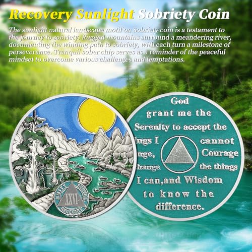 Image of Sunlight 26 Year Sobriety Coin - Recovery 26 Year AA Coins - Serenity Prayer NA AA Chips and Medallions - 1-65 Prime Living Clean Sober Token - Narcotics Alcoholics Anonymous Gifts for Men Women