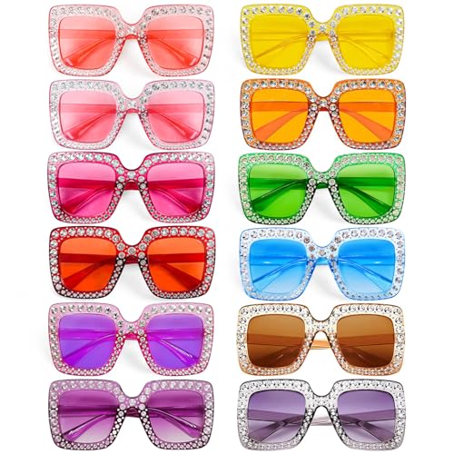 Pibupibu 12 Pack 70s Disco Party Rhinestone Sunglasses Bulk Colorful Oversized Square Crystal Glasses for Women