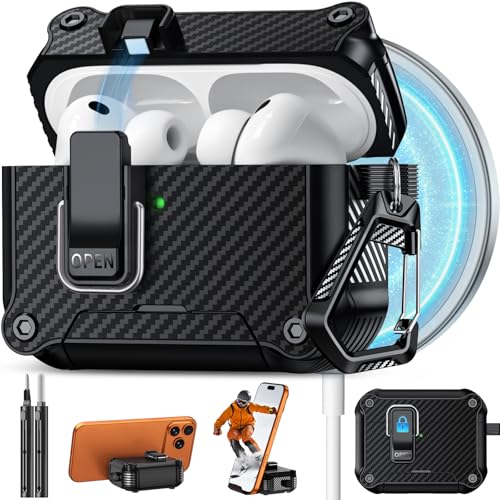 Image of Pohgelan for AirPods Pro 3 Case with Safety Lock-Black | Carbon Fiber Texture Cover,Magnetic Automatic Lock with Cleaning Kit&Keychain,Compatible with Magsafe