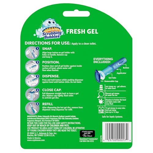 Image of Scrubbing Bubbles Fresh Gel Toilet Bowl Cleaning Stamps, Automatic & Continuous Bathroom Toilet Cleaner Helps Prevent Limescale & Rings, Rainshower Scent, 1 Dispenser with 12 Stamps (6 Count)