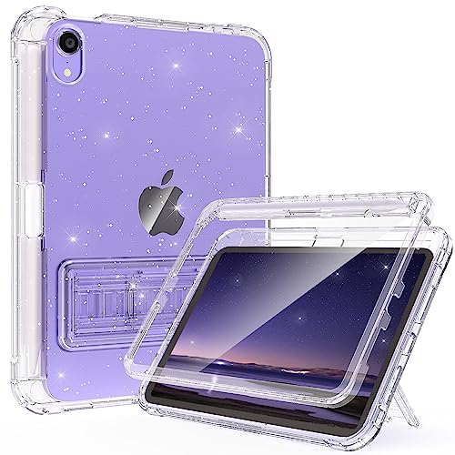 Rantice Case for iPad Mini 6 2021, iPad Mini 7 (A17 Pro) 2024 Case with Pencil Holder and Kickstand for Women Girl Kids, Slim Shockproof Clear Transparent Cover for iPad Mini 8.3 inch (Clear+Glitter)