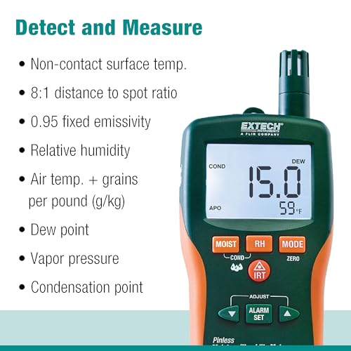 Image of Extech MO290 Pinless Moisture Psychrometer with IR Thermometer | 8-in-1: pin /pinless moisture, humidity, dew point, vapor pressure, IR 8:1 ratio, alarms, remote pin probe