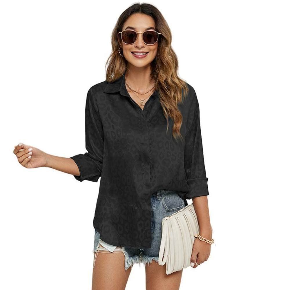 Haut Femme,Lâche Manches Longues Col Rabattu Cardigan Dames Blouses Imprimé Noir Femmes Tuniques Printemps Été Décontracté Bureau d'affaires Hauts pour Femmes