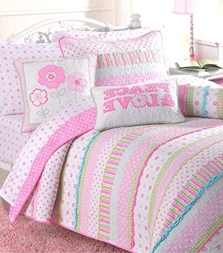 Image of Cozy Line Home Fashions Pink Ruffle Flowers Polka Dot Girl 100% Cotton Reversible Quilt Bedding Set, Coverlet, Bedspread for All Seasons (Twin - 5 Piece)