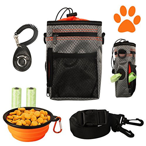 COM4SPORT Dog Treat Pouch with Built-in Waste Bag Dispenser, Adjustable Waist Belt and Over Shoulder Strap, Collapsible Drinking Bowl, Dog Training Clicker and Poop Bags
