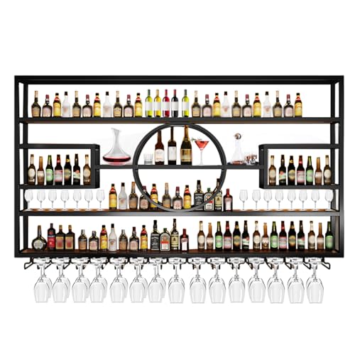 Image of 63in Wine Rack Wall Mounted, Large Capacity Hanging Wine Bottles Display Shelf with Glasses Holder, 4 Tier Industrial Bar Liquor Storage Shelves for Home Bar Kitchen,Living Room (Black, 63in /160cm)