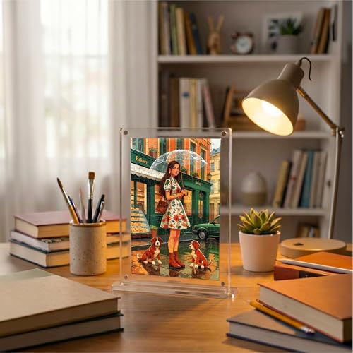 Image of Mini Leaves Parisian Stroll Acrylic Frame Jigsaw Puzzle 140 Pieces | Cafe Street Desk Decor with Display Frame | Premium Gift for Art & Puzzle Lovers