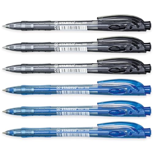 Bolígrafo retráctil STABILO Liner de trazo fino, pack de 6 unidades en color negro y azul