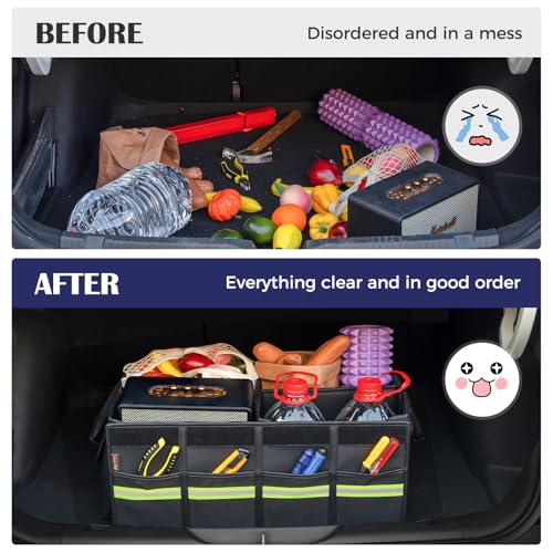 Image of Coverado Car Trunk Organizer - 70L Nappa Leather Trunk Organizer for SUV with Lid, Multi Collapsible Car Storage Organizer Foldable, Multi Compartments with 2 Straps for SUV /Truck
