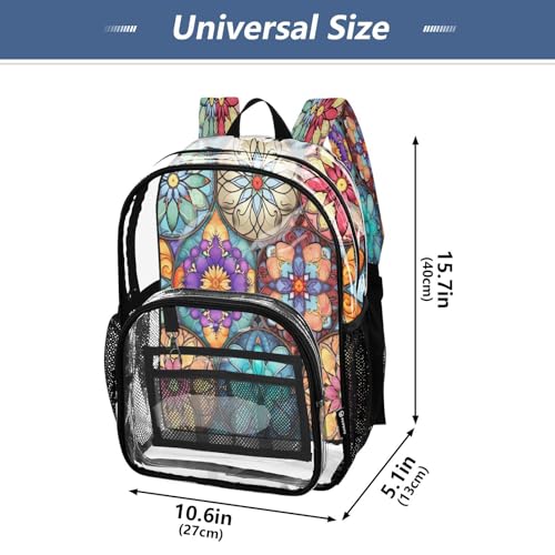 Colorful Oriental Textile Tile Clear Backpack - Stadium Approved Large 15.7-inch Waterproof Transparent Bag for Sports, Concerts, Work, Travel#2724