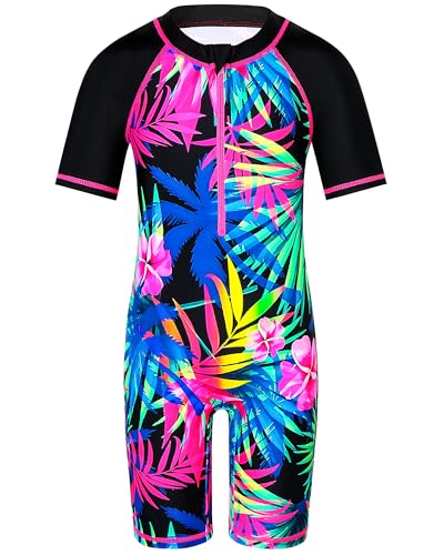 Image of TFJH E Short Sleeve Girls Swimsuits UV 50+ One Pieces Zipper 2-14Y | From beach vacations and pool parties to cruises and water parks, this colorful floral swimsuit is her summer favorite