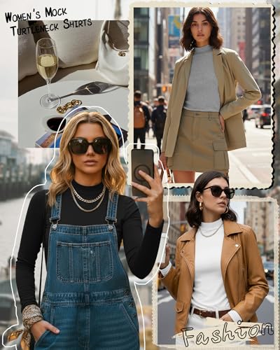 Ficerd 3 Pack Women's Mock Turtleneck Shirts, Long Sleeve Mock Neck Pullover Tops Slim Fitted Stretch Undershirt Tee Blouse2