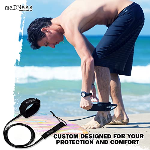 Madness Surfcraft Premium Surfing Leash. 5Ft, 6Ft, 7Ft, 8Ft, 9Ft, 10Ft Surfboard Leash, 6Mm / 7Mm Surf Board, Longboard, Sup, Paddleboard Leash + Improve Your Surfing Ebook #TOP4